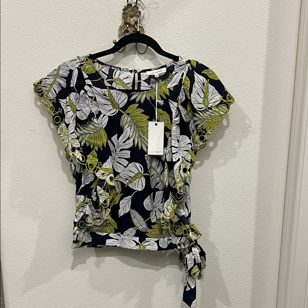 Lulu's Navy and Green Leaf Print Blouse - Brand New with tags